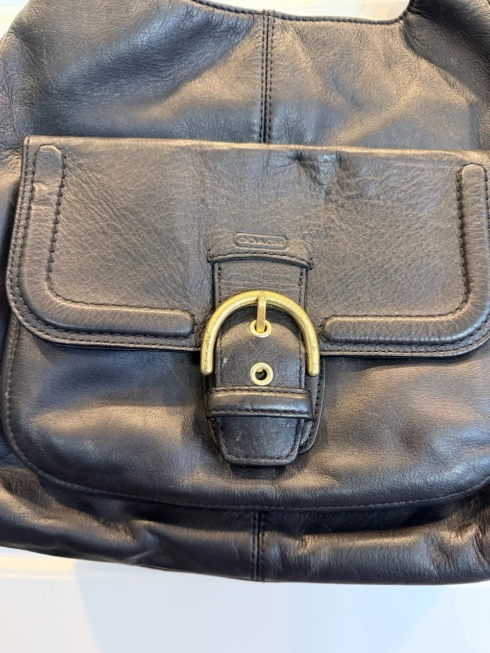 COACH Campbell F24686 Black Leather Large Hobo Shoulder Bag Chunky Brass Buckle